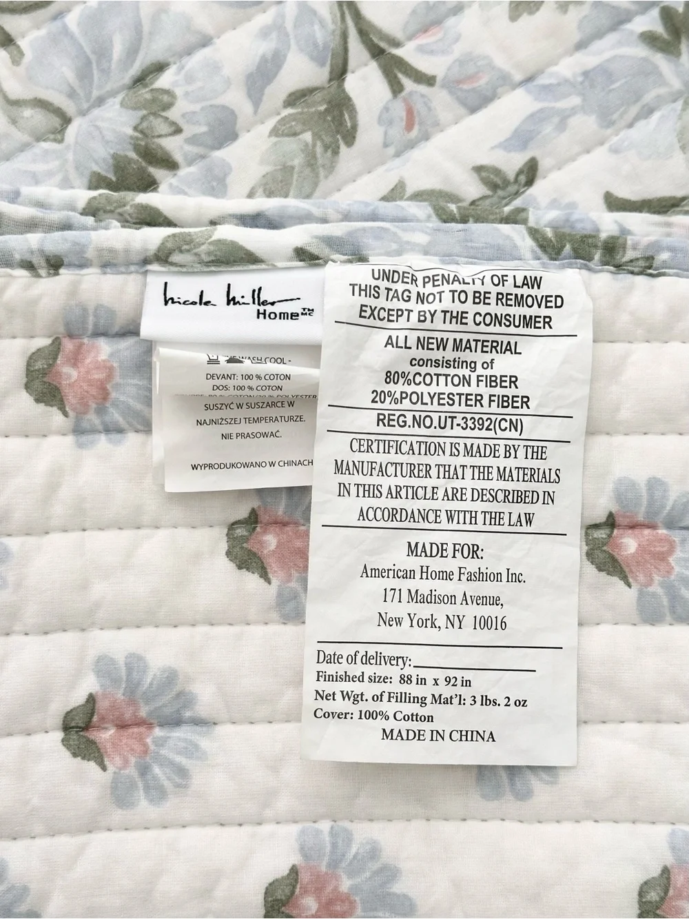 Nicole Miller Home Floral Cotton Reversible Quilt Set  - Pastel Pink Green Blue